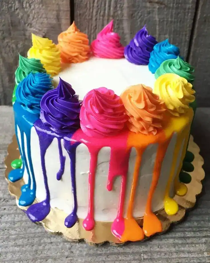 Hand-painted birthday cake with edible food coloring florals painted on white fondant for an artistic birthday celebration