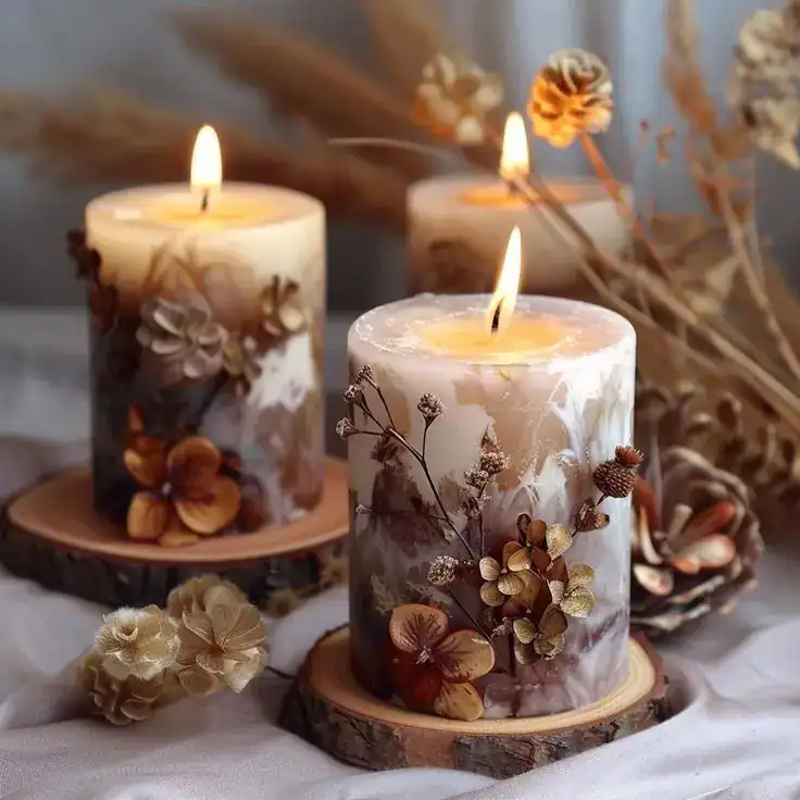 Beautiful rustic candles with dried flowers, perfect for housewarming gifts for couples. Elegant and.