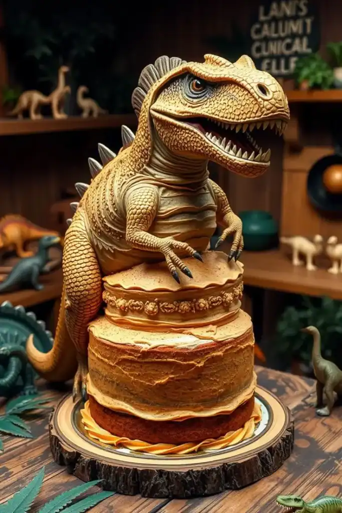 Dinosaur birthday cake with detailed T-Rex sculpture, Oreo crumb terrain, and fondant footprints on a jungle-themed design