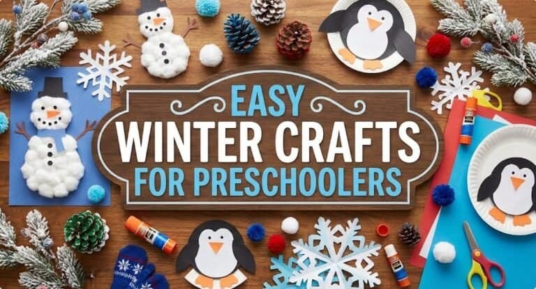 Colorful winter craft supplies and penguin decorations for preschool winter activities.