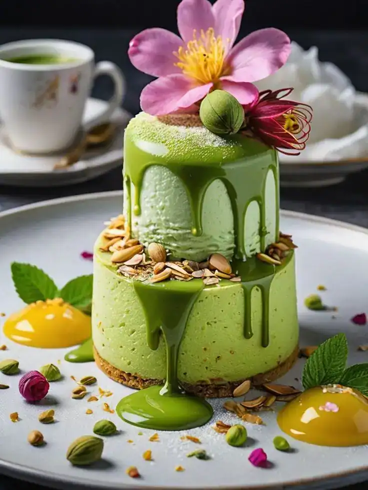 Matcha green tea birthday cake with pale green layers, white chocolate frosting, and delicate floral decorations