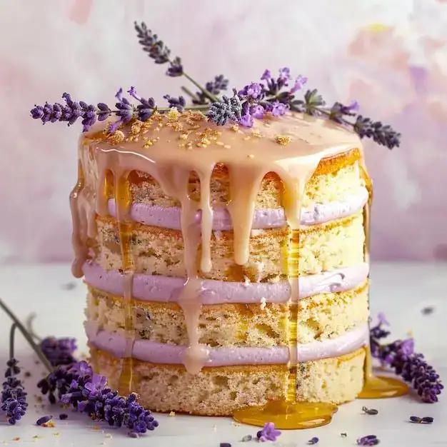 Lavender honey birthday cake with purple buttercream layers, fresh lavender sprigs, and honey drizzle for an elegant adult celebration