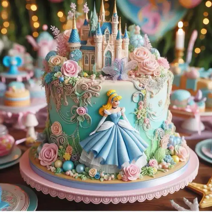 Fairytale castle birthday cake with fondant turrets, princess figurine, and pastel pink decorations for a princess-themed birthday