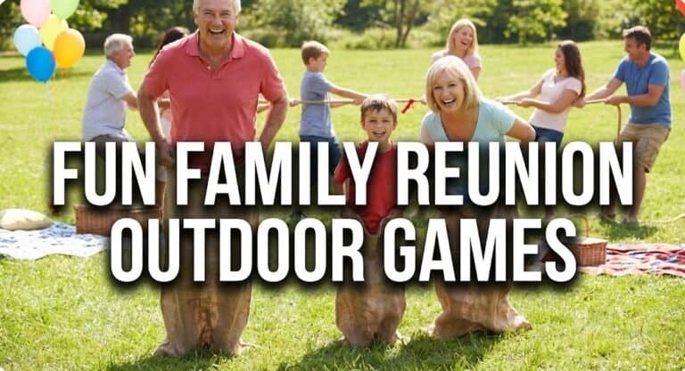 Family playing outdoor tug-of-war game at a fun family reunion event.