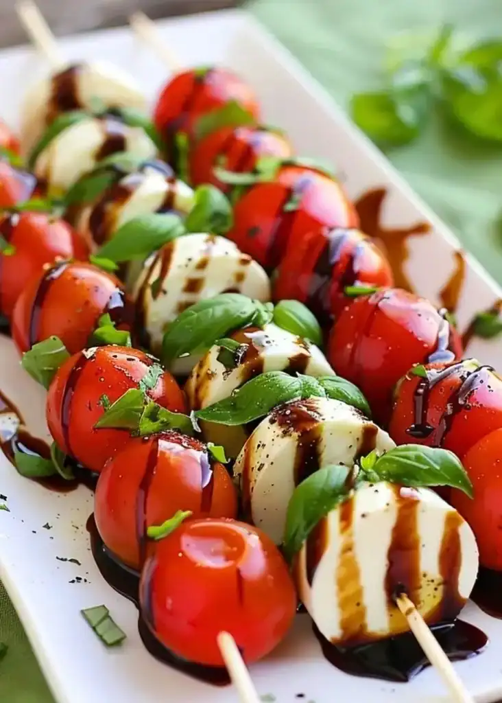 Caprese skewers with cherry tomatoes, mozzarella, basil, and balsamic glaze for party appetizers.