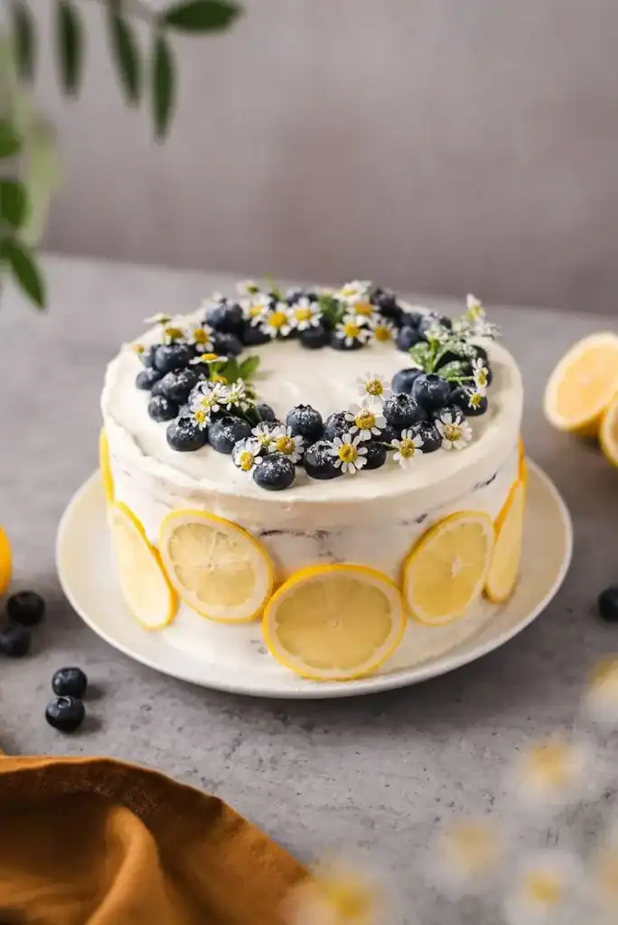 Lemon blueberry birthday cake with lemon buttercream frosting, fresh blueberries, and lemon zest topping for a summer celebration