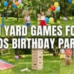 23 Fun Yard Games for a Kids’ Birthday Party Kids playing outdoor yard games at a birthday party with balloons and obstacle courses.