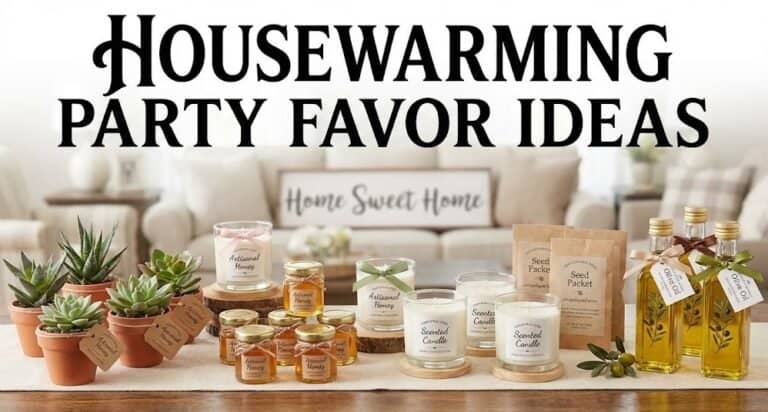 Housewarming party favors with candles, plants, and oils for a cozy celebration.