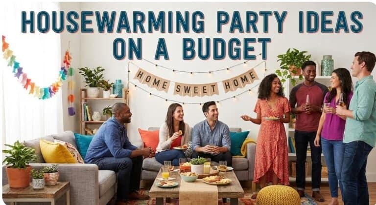 Group of friends enjoying a budget-friendly housewarming party at home.