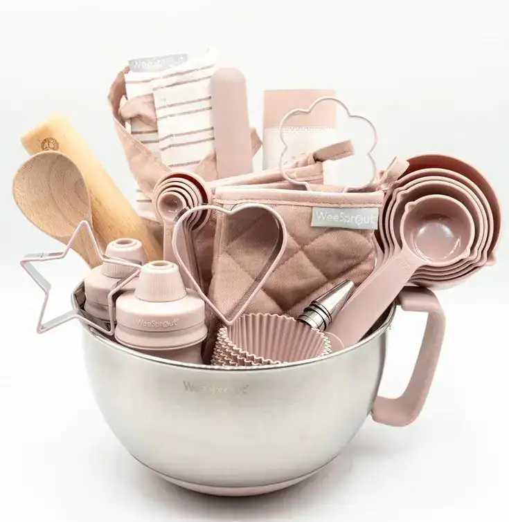 Elegant pink baking and cooking tools for kids' birthday gifts. Perfect for creative young bakers an.