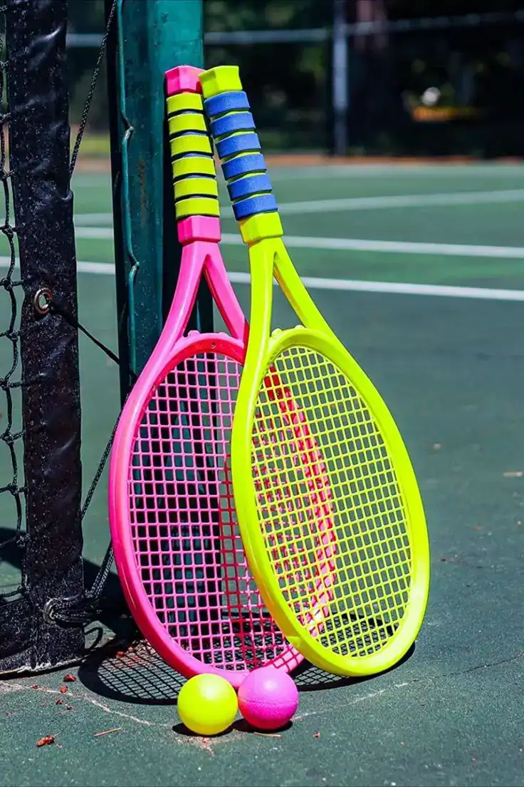 Tennis rackets and balls for kids' outdoor play and sports activities.