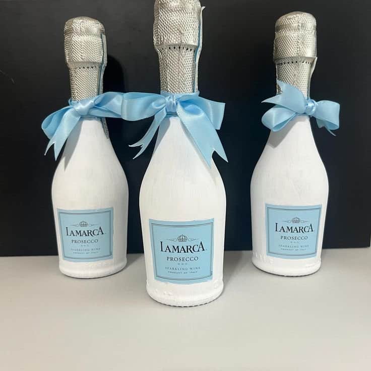 Prosecco bottle decorations for housewarming party favors.