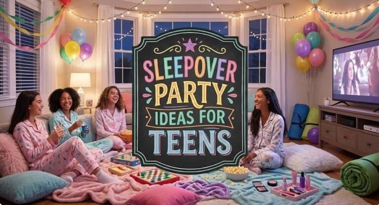 Sleepover party with teens, colorful balloons, and cozy setup for fun and entertainment.