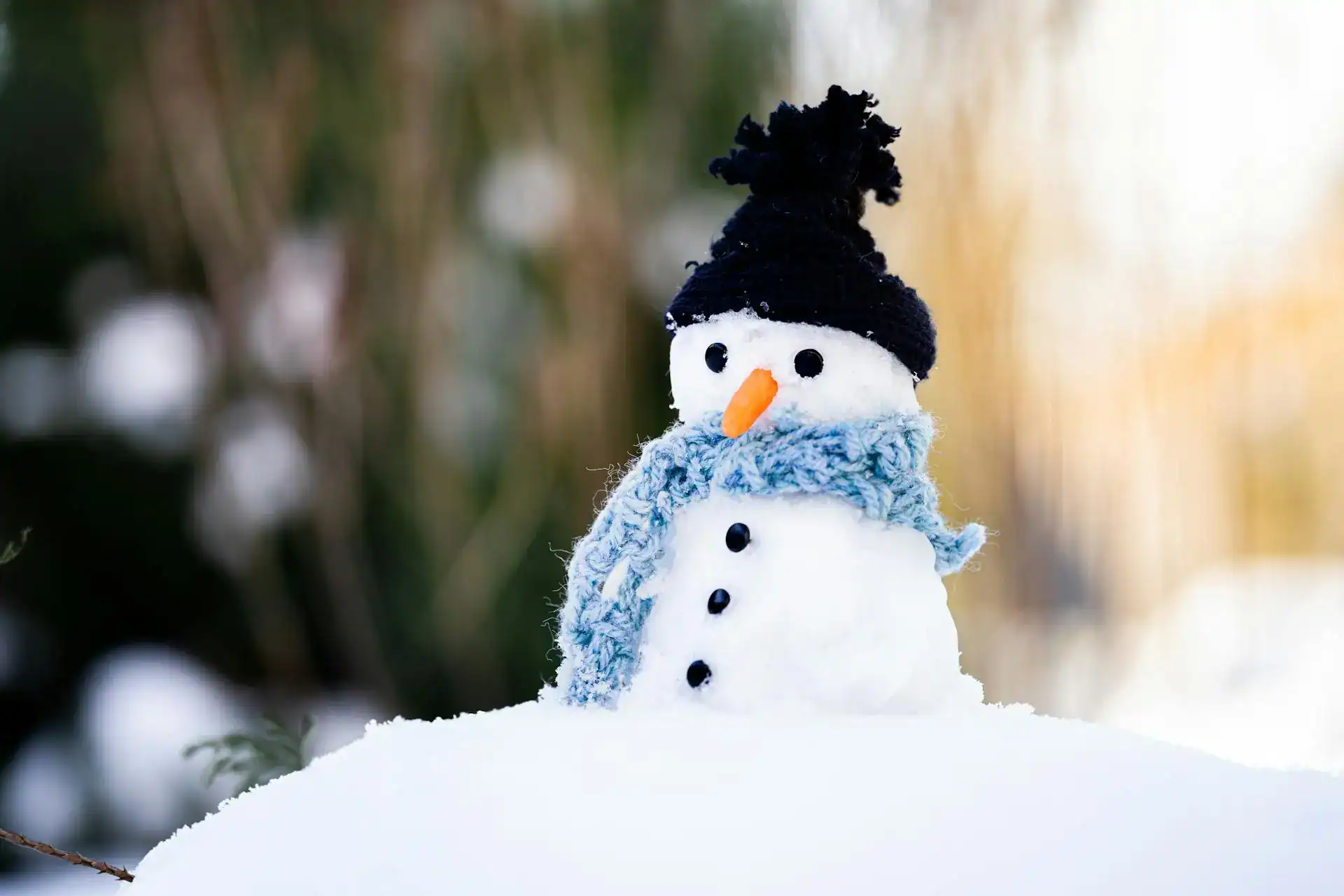 Snowman craft for kids with a black hat and blue scarf, perfect for winter art projects.