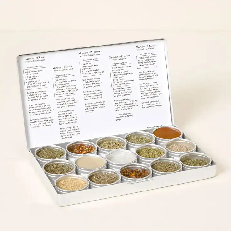 Assorted spice gift set ideal for housewarming celebrations and gift ideas.