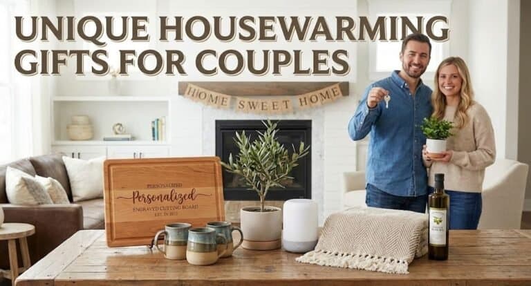 Couple holding housewarming gift in cozy living room for unique housewarming presents.