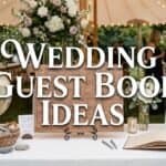 17 Wedding Guest Book Ideas Elegant wedding guest book display with floral decor and globe at outdoor celebration.