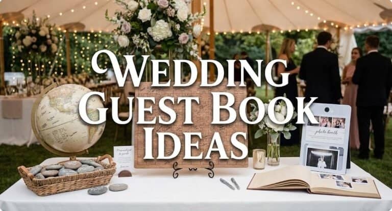 Elegant wedding guest book display with floral decor and globe at outdoor celebration.
