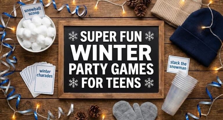 Fun winter party games for teens with snowballs, charades, and snowman stacking activities.