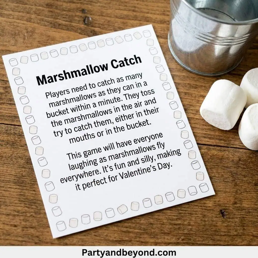 Marshmallow Catch Valentine's Day game for kids and adults. Fun, silly, and perfect for celebrating.