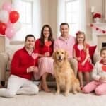 21 Family Valentine’s Day Photoshoot Ideas Happy family with kids and dog celebrating Valentine’s Day in cozy living room.