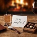 22 Valentine’s Day Ideas for Your Husband Romantic Valentine's Day gift setup with wine, chocolates, and a heartfelt note for husband.