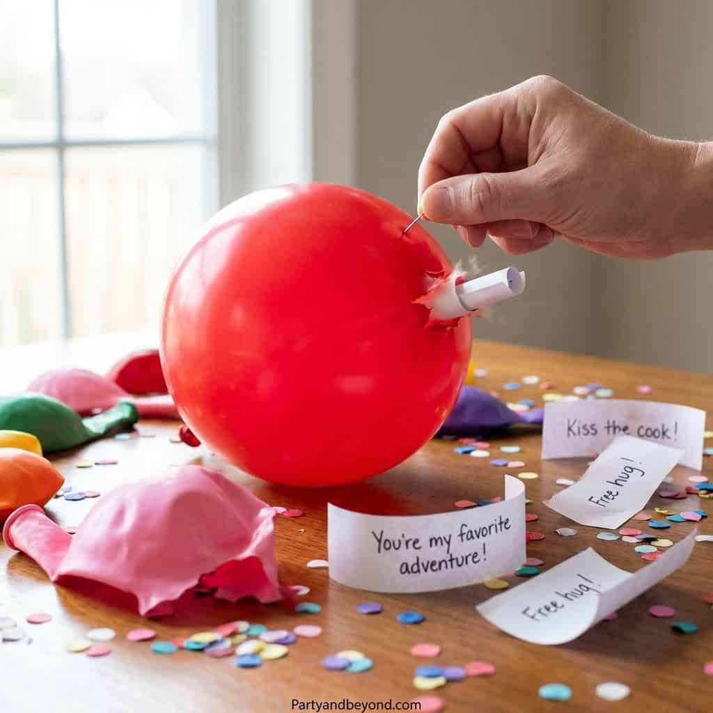 Valentine’s Day balloon pop game with notes and confetti for fun party activity.