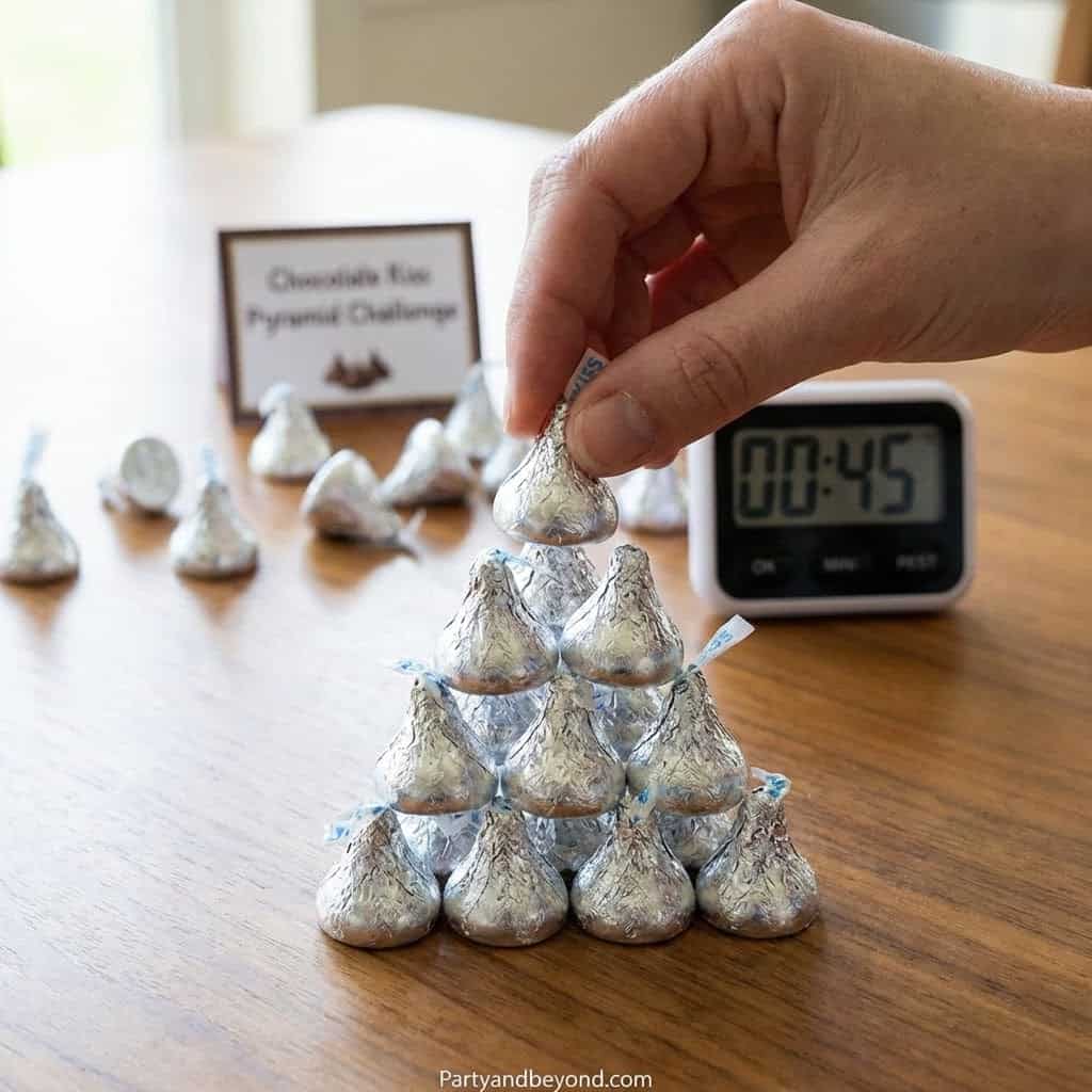 Hand stacking foil-wrapped chocolates in a pyramid for Valentine's Day game.