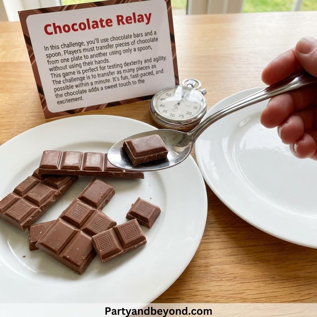 Chocolate relay game with chocolate bars and timer for Valentine's Day fun.