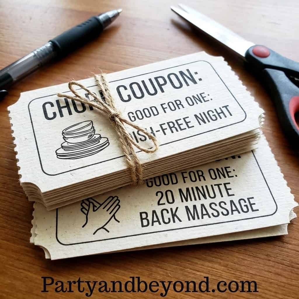 DIY chore coupon book for couples with fun date night and massage offers.
