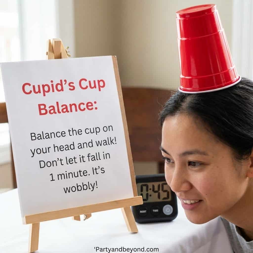Woman balancing a red cup on her head for Valentine's Day game activity.