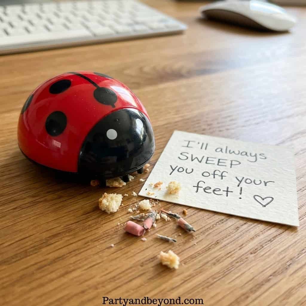 Ladybug-shaped desk toy with a handwritten note saying "I'll always sweep you off your feet!" for a.