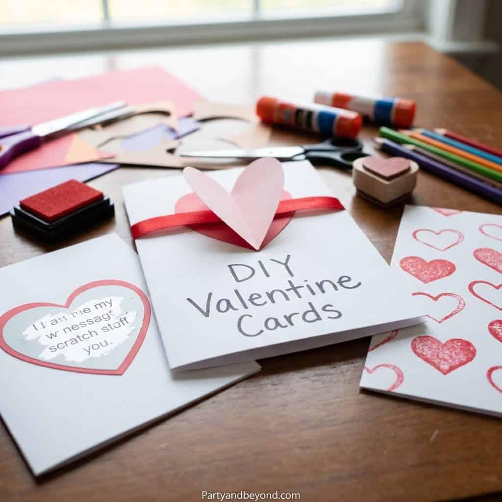Handmade Valentine cards with hearts and messages for kids' classroom gifts.