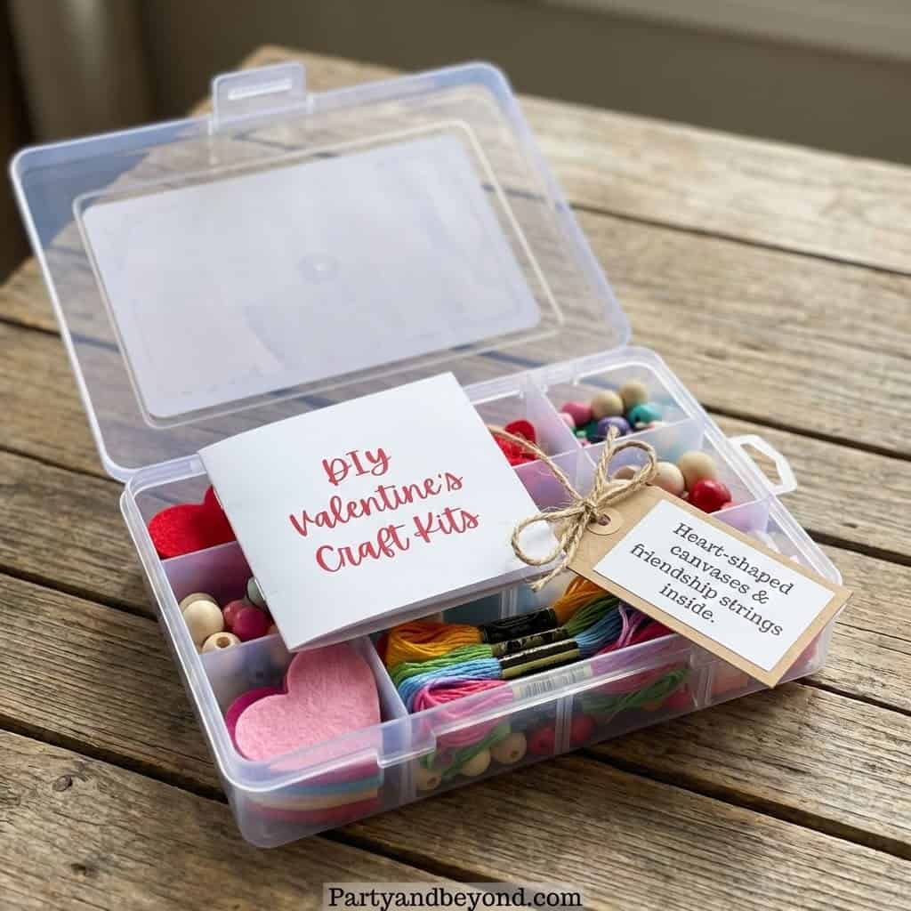 Valentine’s Day craft kit with beads, felt hearts, and colorful strings for kids’ Valentine gifts.