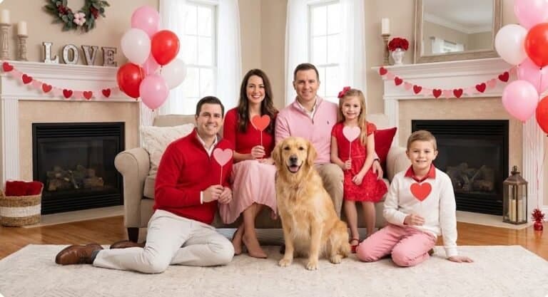 Happy family with kids and dog celebrating Valentine’s Day in cozy living room.