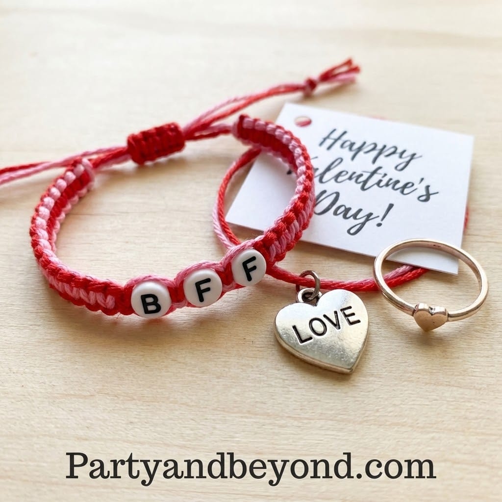 Bracelet with "BFF" beads, love heart charm, and Valentine's Day note.