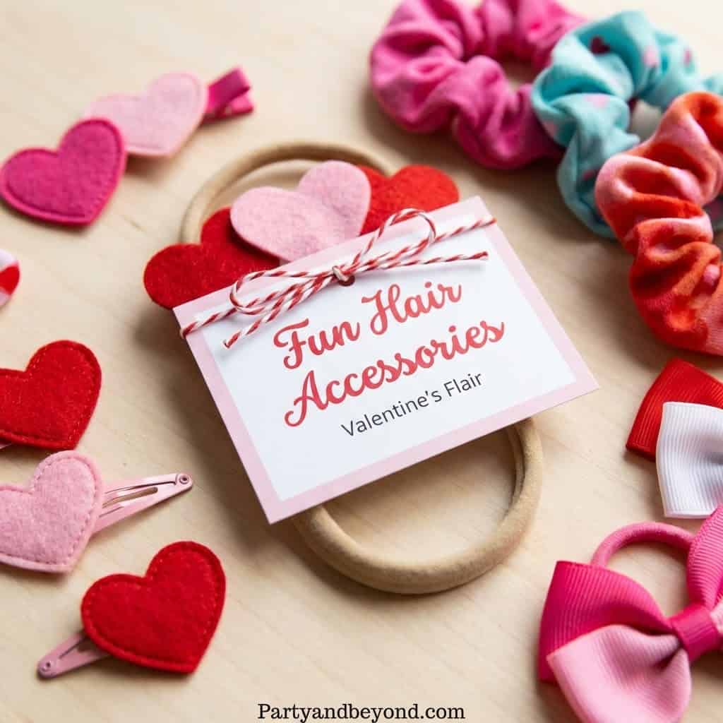 Colorful Valentine-themed hair accessories for children.