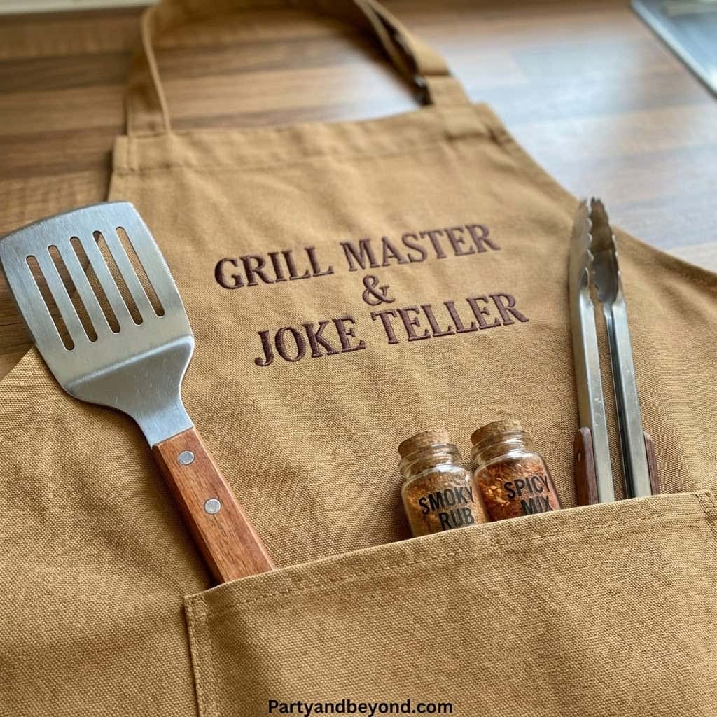 Funny apron for grill masters with joke-telling theme and spice jars.