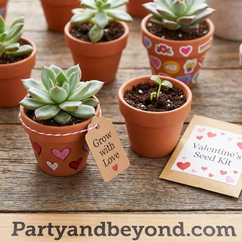 Cute succulent plants in Valentine's themed pots for classroom Valentine gifts.