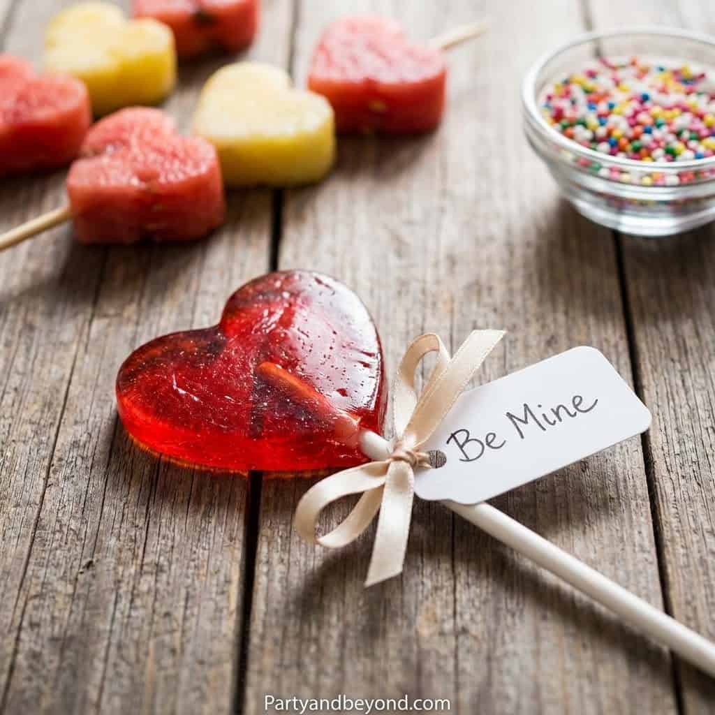 Heart-shaped Valentine lollipop with "Be Mine" tag, perfect for classroom Valentine gifts for kids.