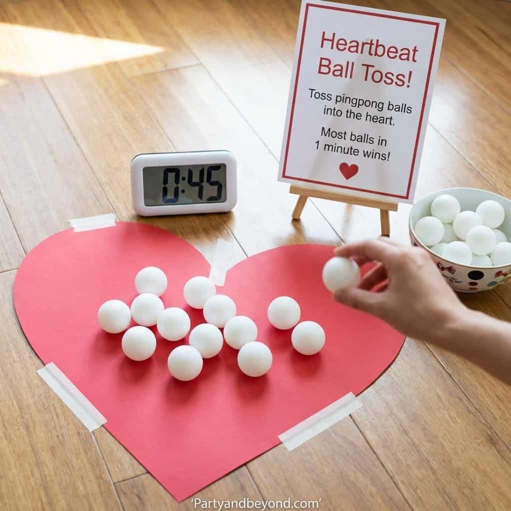 Heartbeat ball toss game with ping pong balls on a heart-shaped paper for Valentine's Day fun.