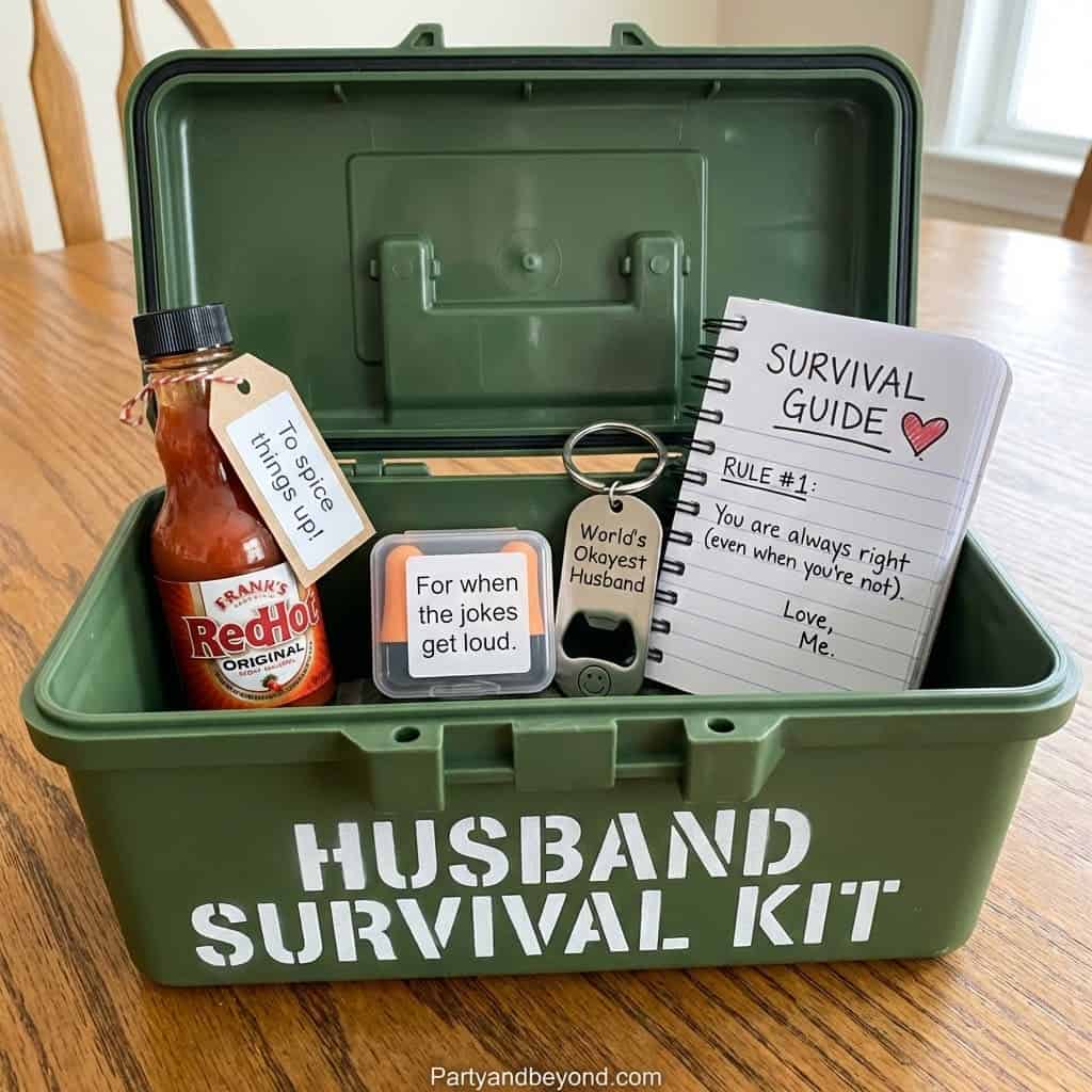 Green husband survival kit box with jokes, hot sauce, and survival guide for Valentine's Day gift.