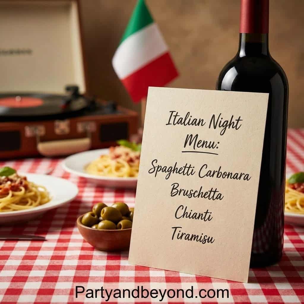 Romantic Italian dinner setup with wine, pasta, and Italian flag.