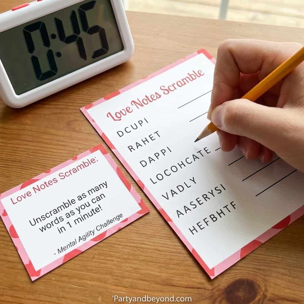 Love Notes Scramble game for Valentine's Day with word challenge.