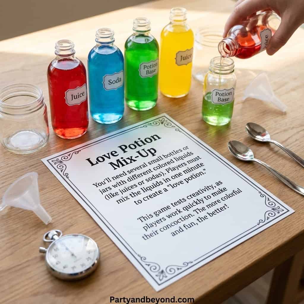 Colorful potion bottles for Valentine's Day game activity.