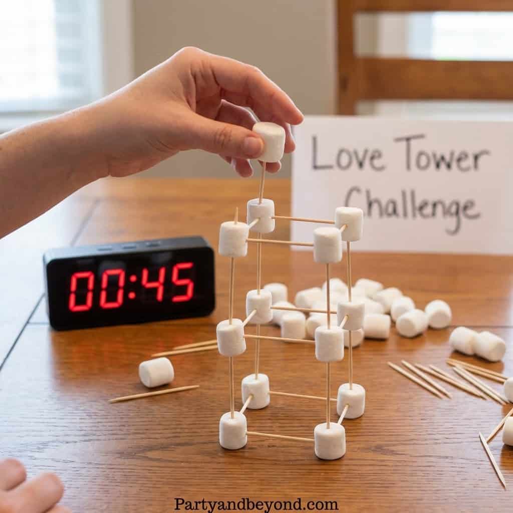 Valentine’s Day Love Tower game with marshmallows and toothpicks.
