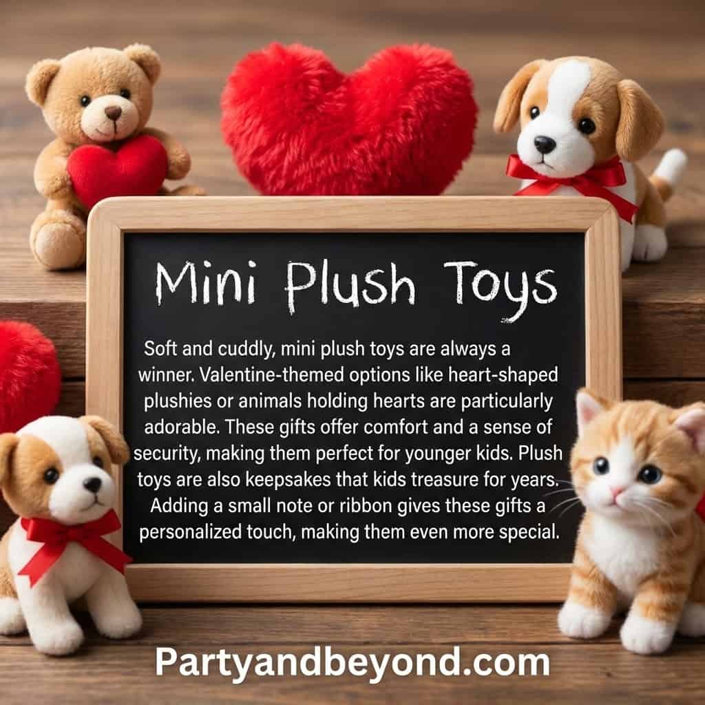 Mini plush toys with hearts, perfect for Valentine's gifts for kids. Soft, cuddly, and adorable, ide.