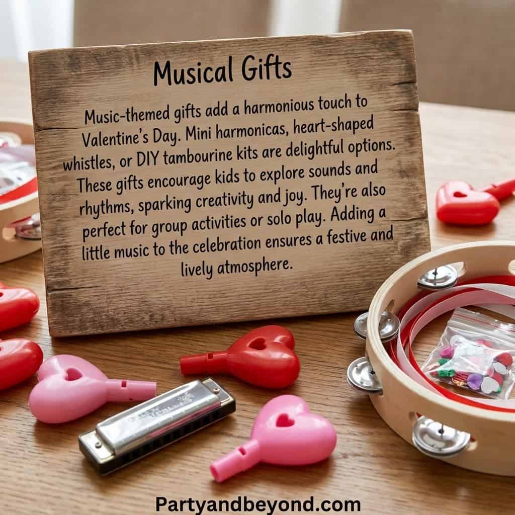 Kids' musical Valentine gifts including mini harmonicas, tambourine kits, and heart-shaped whistles.