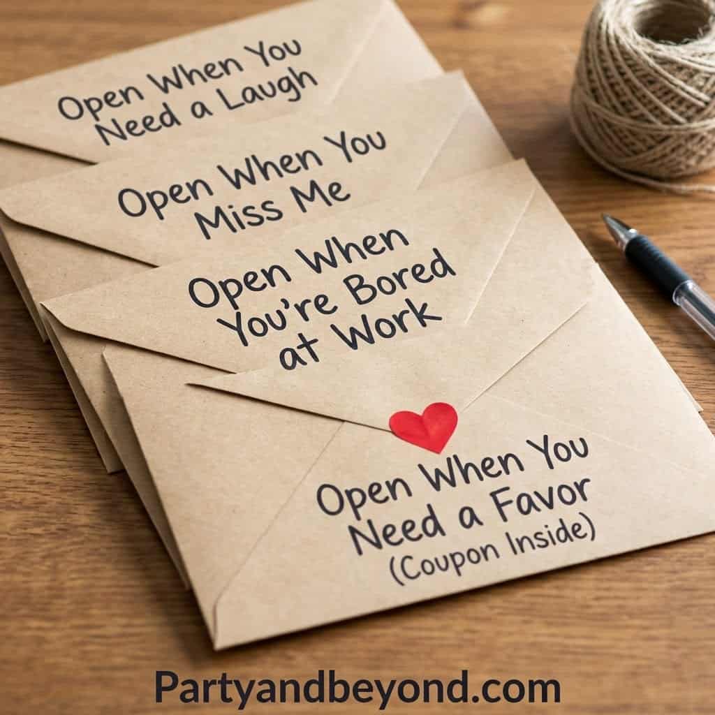 Funny Valentine’s Day gift envelopes with humorous messages for husband.