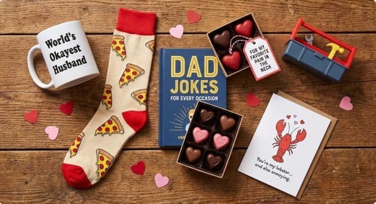 Fun Valentine's Day gifts for husband, including chocolates, socks, and humorous cards.